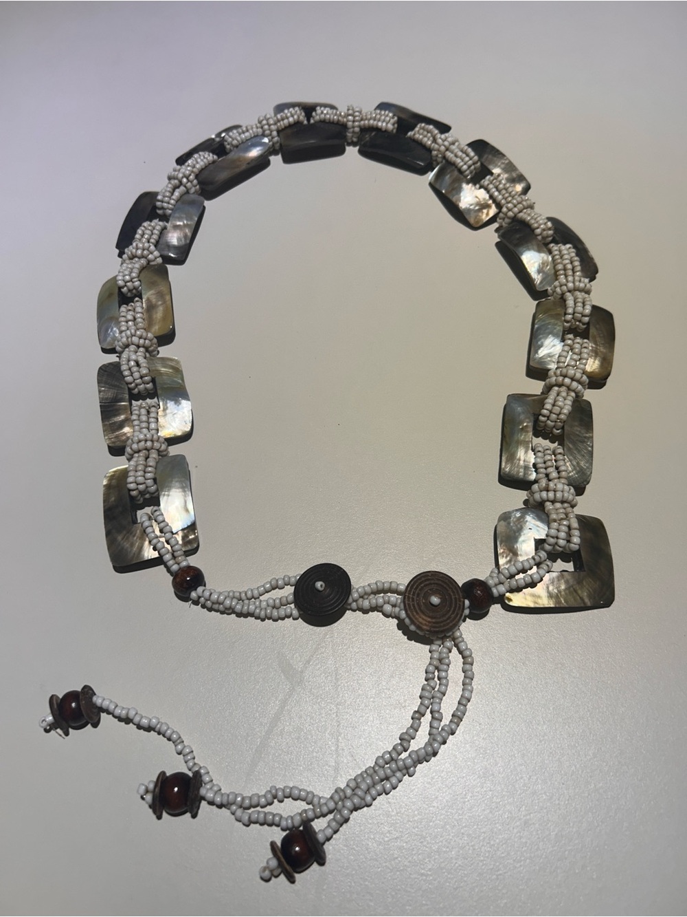 White Beaded and Gray Shell Link Necklace